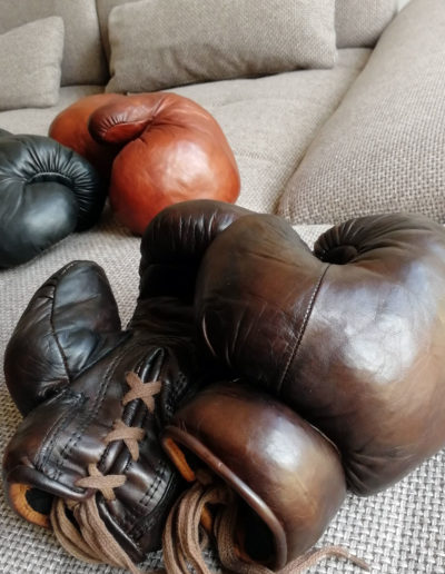 A pair of vintage John Woodbridge brown boxing gloves sitting on a sofa next to other colors of boxing gloves