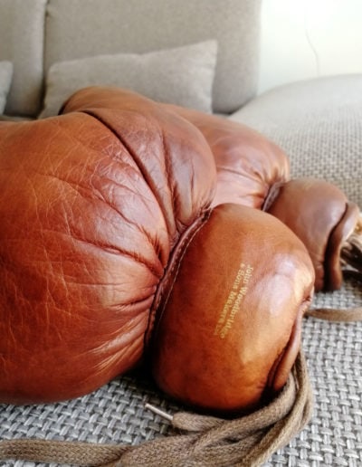 John Woodbridge logo on old boxing gloves