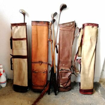 Set of vintage canvas and leather golf bags