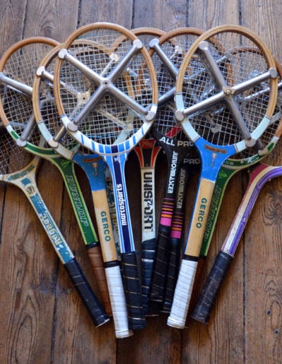 Batch of old tennis rackets with aluminum frames