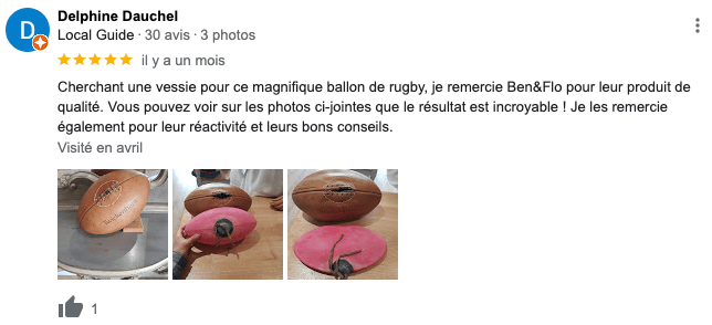 Avis client Google sur la réparation de ballon de rugby vintage