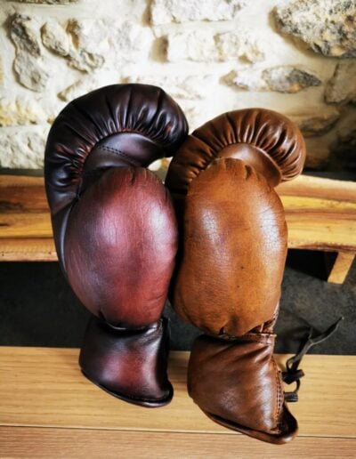 Deux gants de boxe main gauche en cuir l'un à côté de l'autre